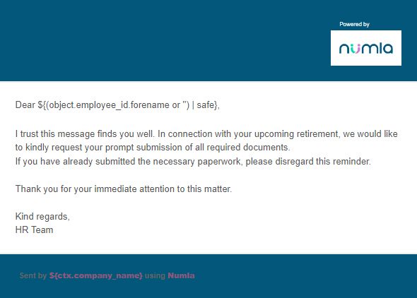 Retirement email notification for employee