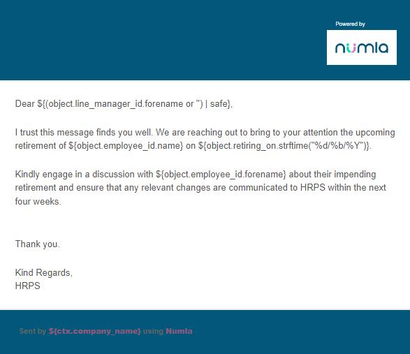 Retirement email notification for manager