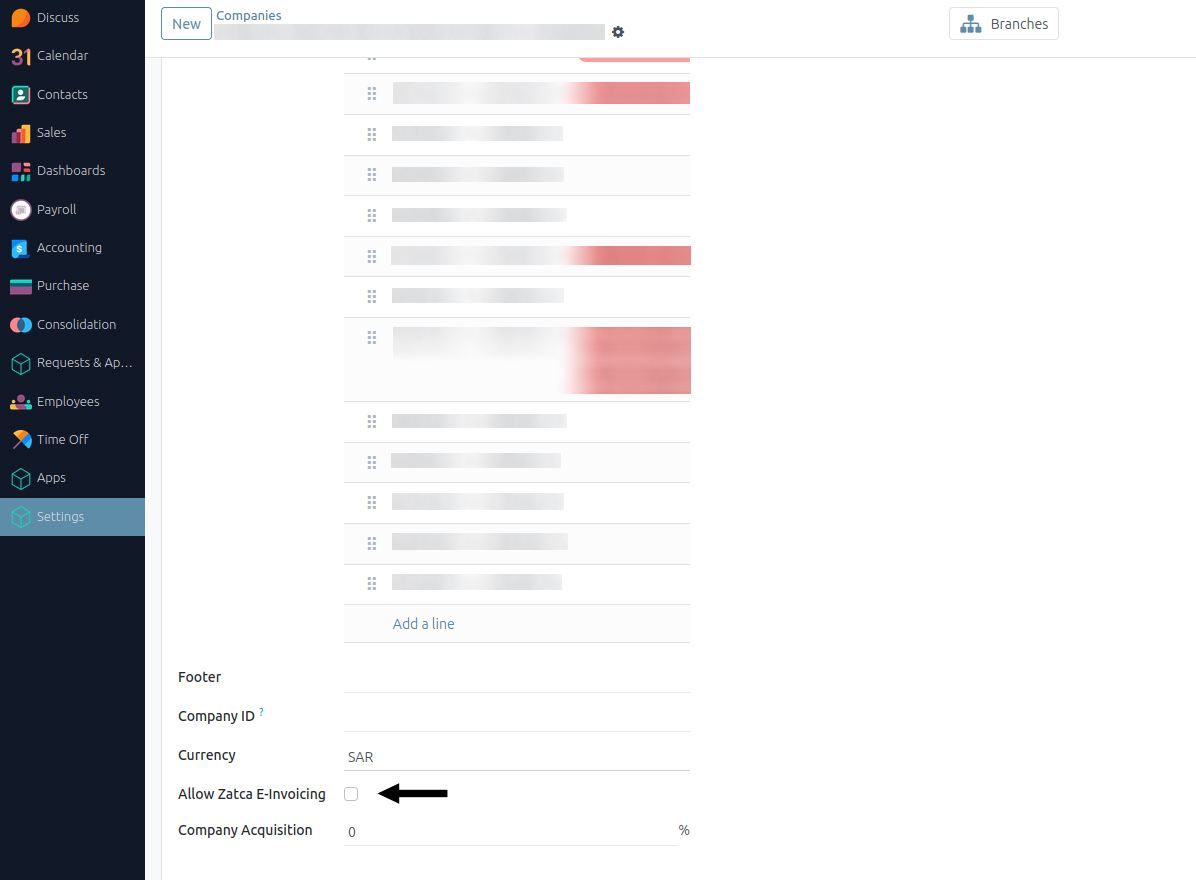 Uncheck Allow ZATCA e-invoicing in company settings in Odoo