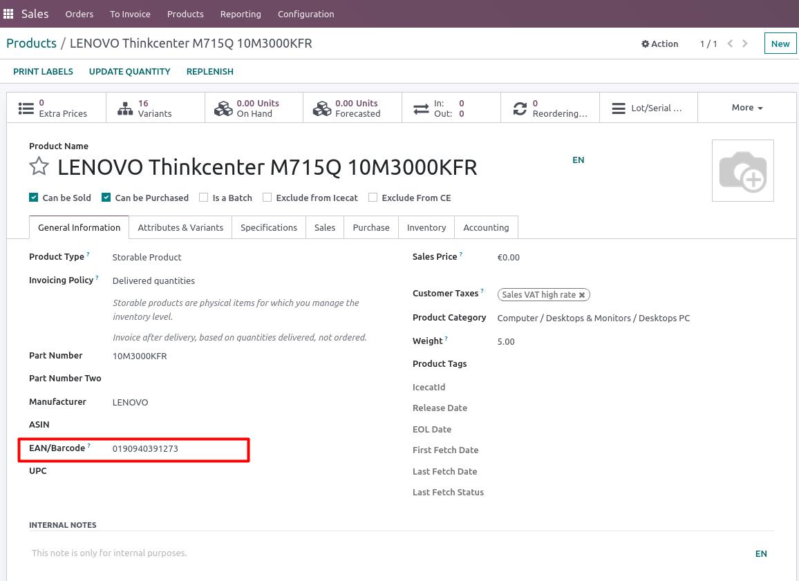 EAN/Barcode Odoo
