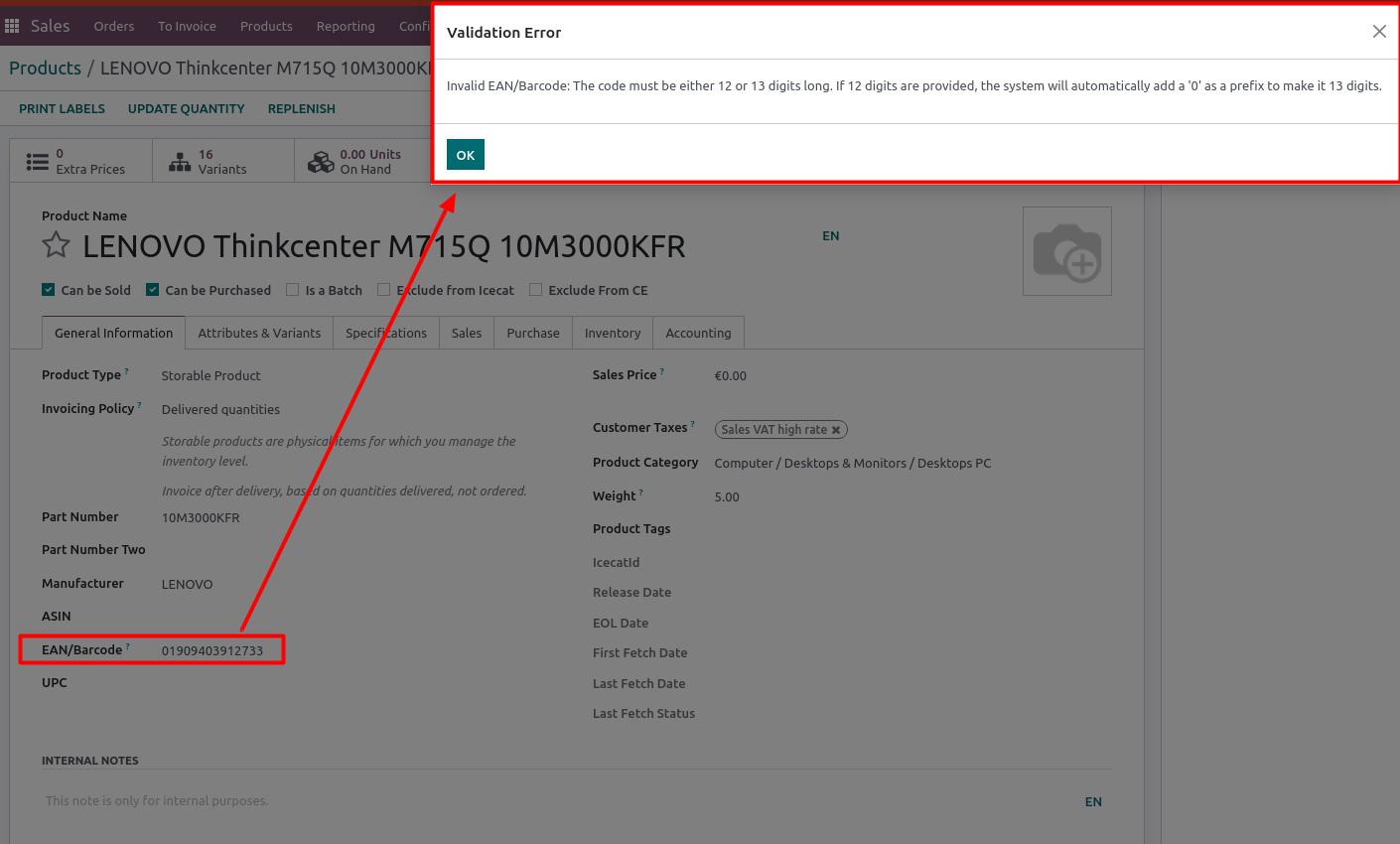 EAN/Barcode Validation Odoo