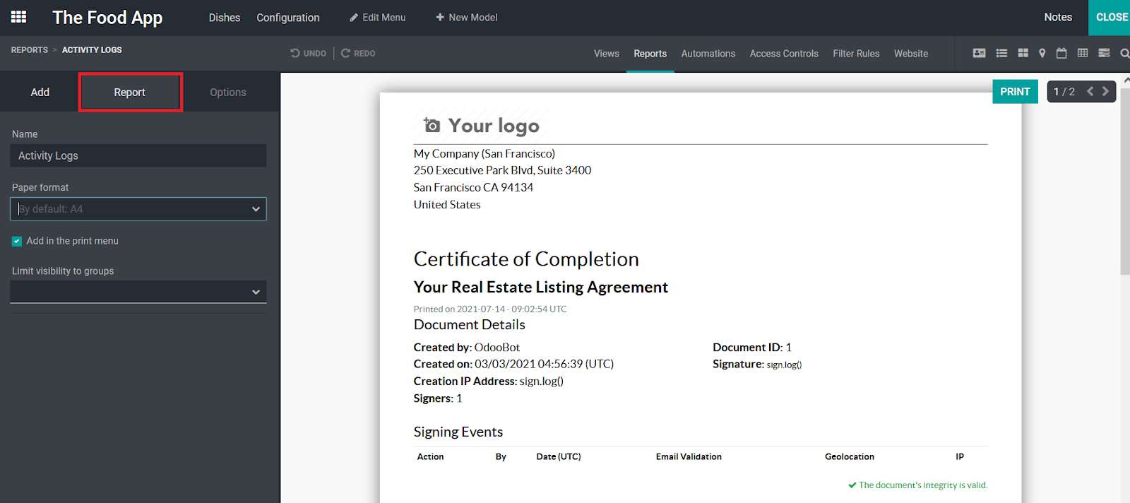 name report and choose paper format in odoo studio