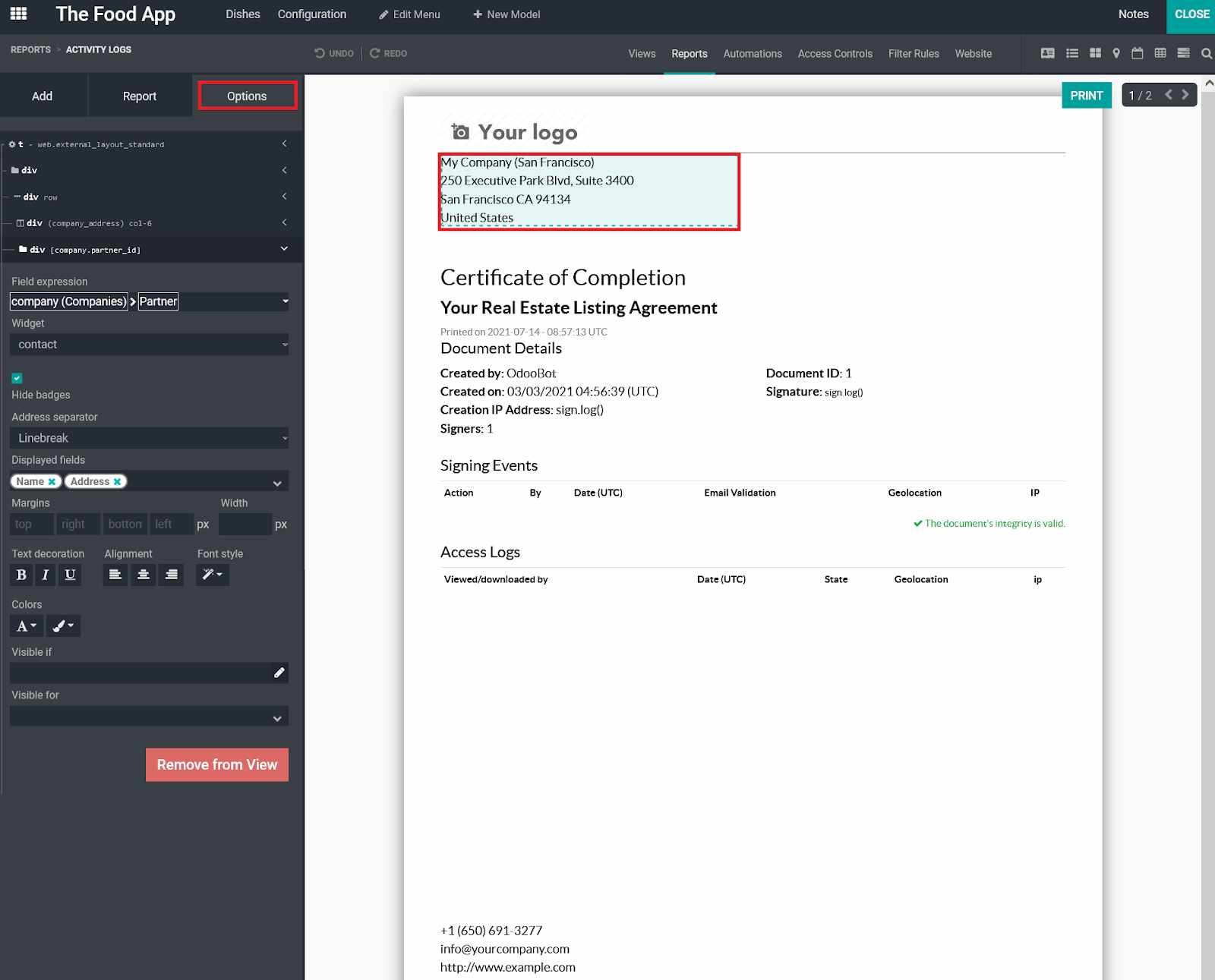 Add advanced features in report Odoo Studio