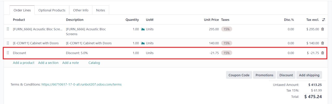 Global discount applied in sales order in Odoo 17