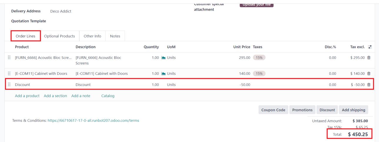 Fixed amount discount deducted from total order value in Odoo