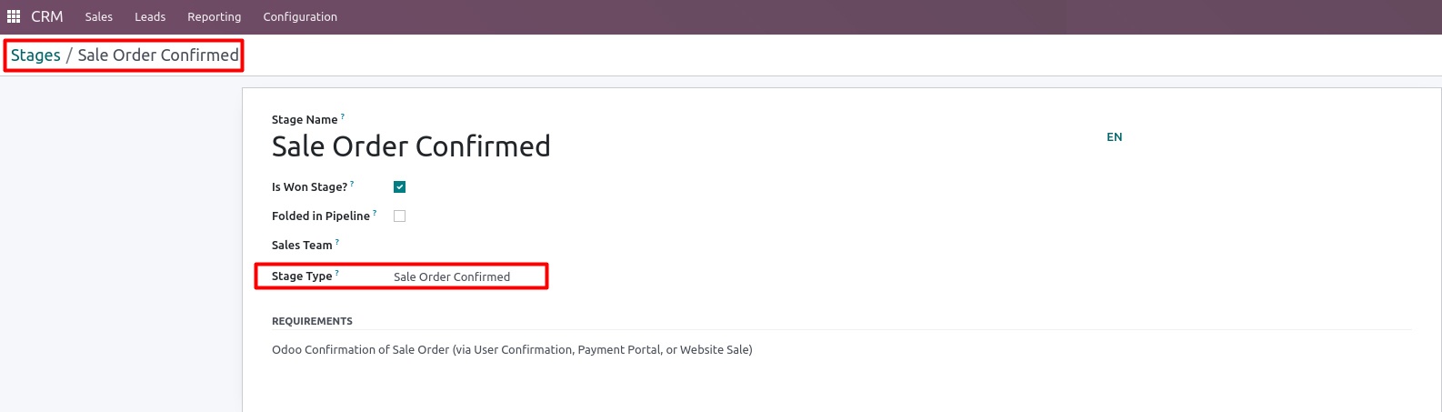 CRM stage sales order confirmed Odoo
