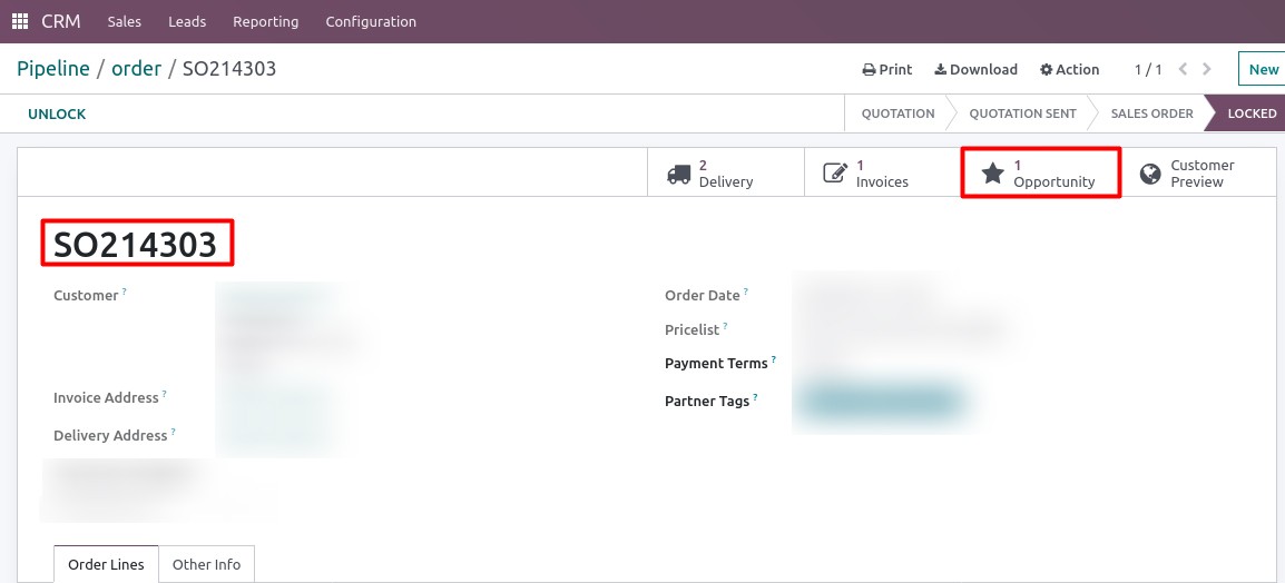 CRM opportunity visible on sales order Odoo