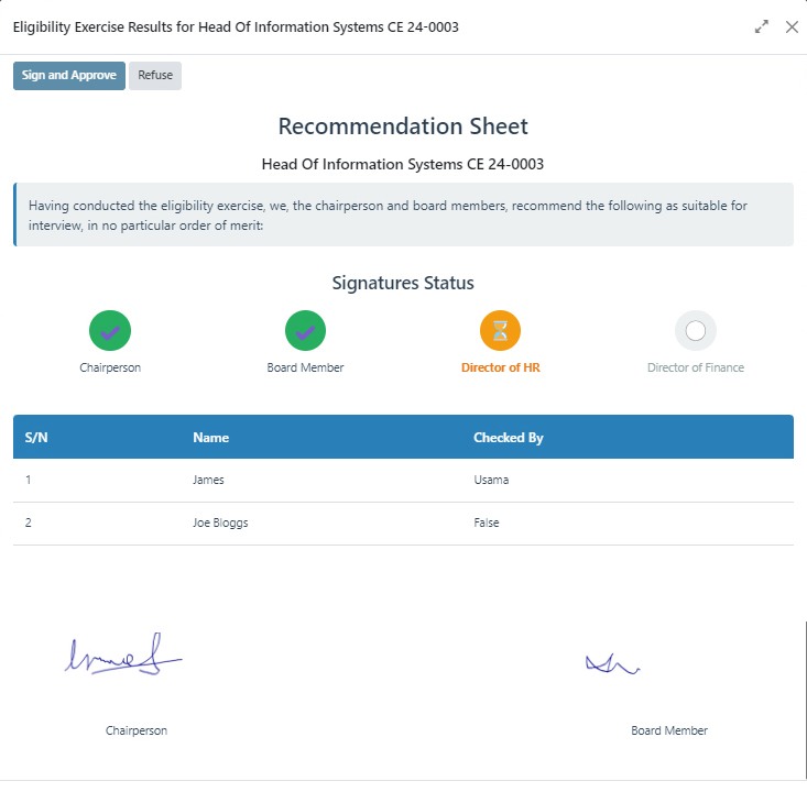 Recommendation sheet after eligibility checks