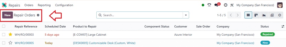 Repair orders list Odoo Repair module