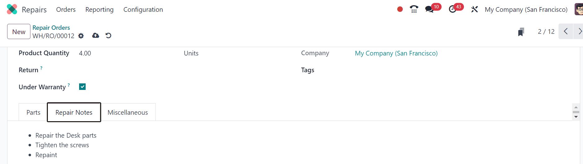 Repair Notes Tab in Odoo repair order