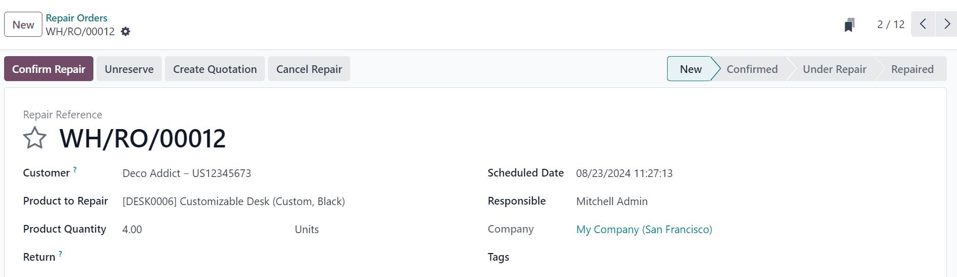 Confirm repair in Odoo Repair module