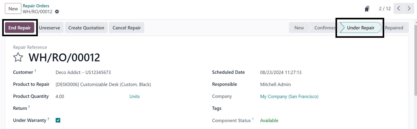 End repair in Odoo Repair module
