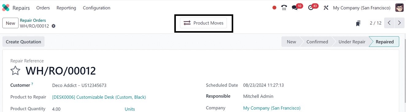 Product Moves Odoo Repair module