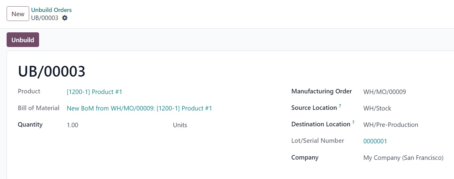 Create a new un-build order in Odoo