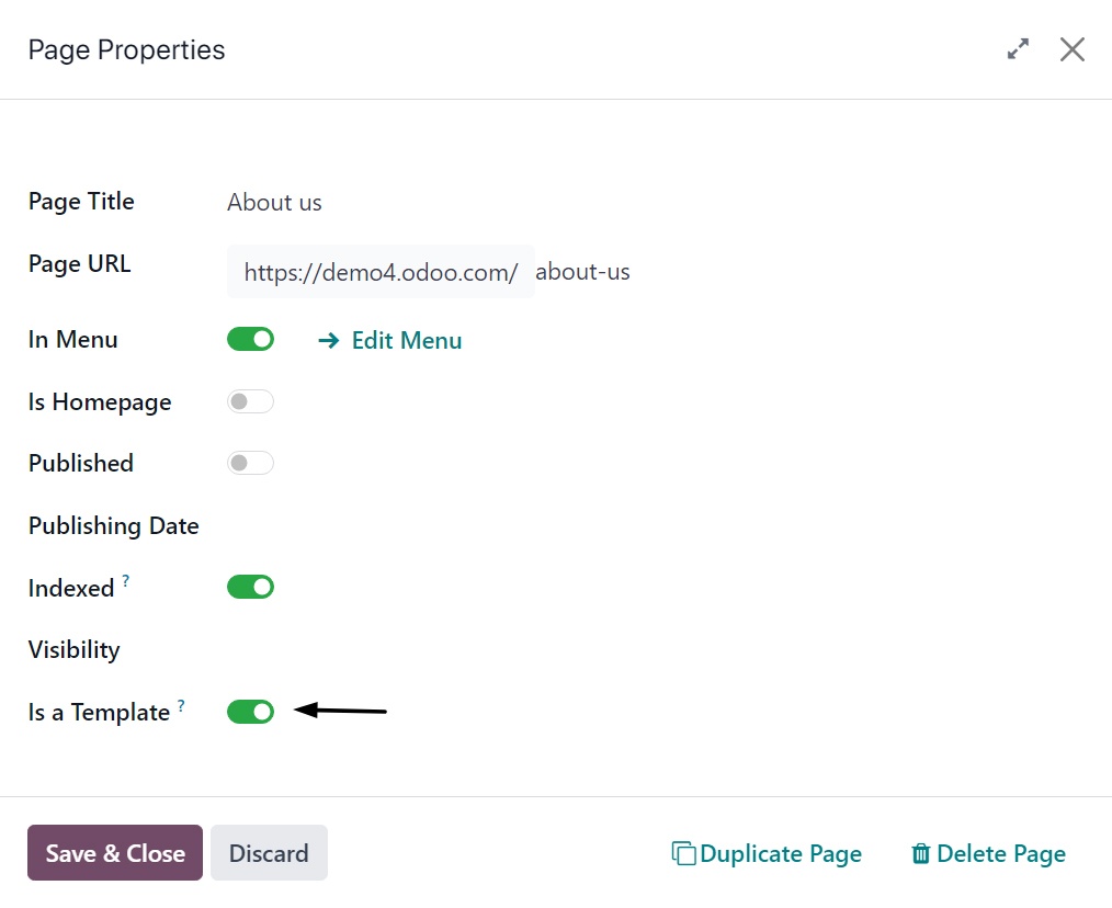 Odoo 18 website set page as template