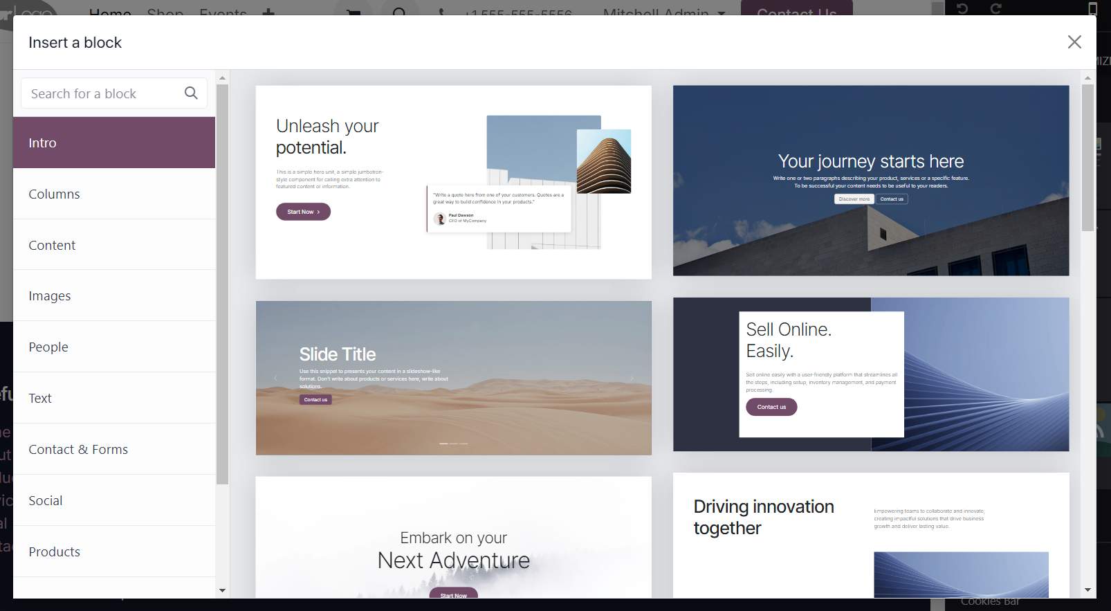 Odoo 18 website content snippets