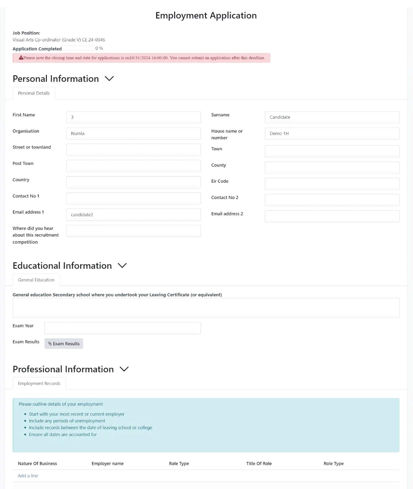 Job application form