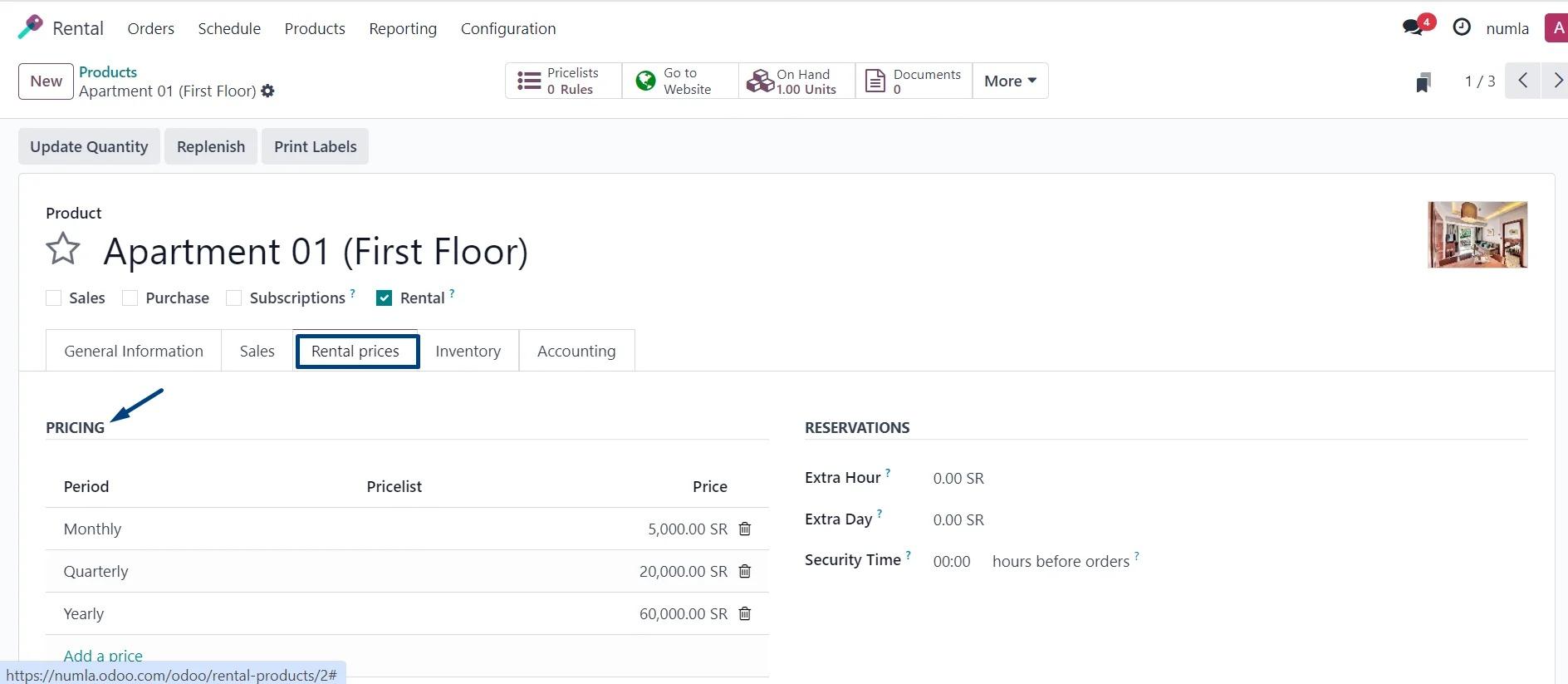 Define Rental Rates Odoo Rental