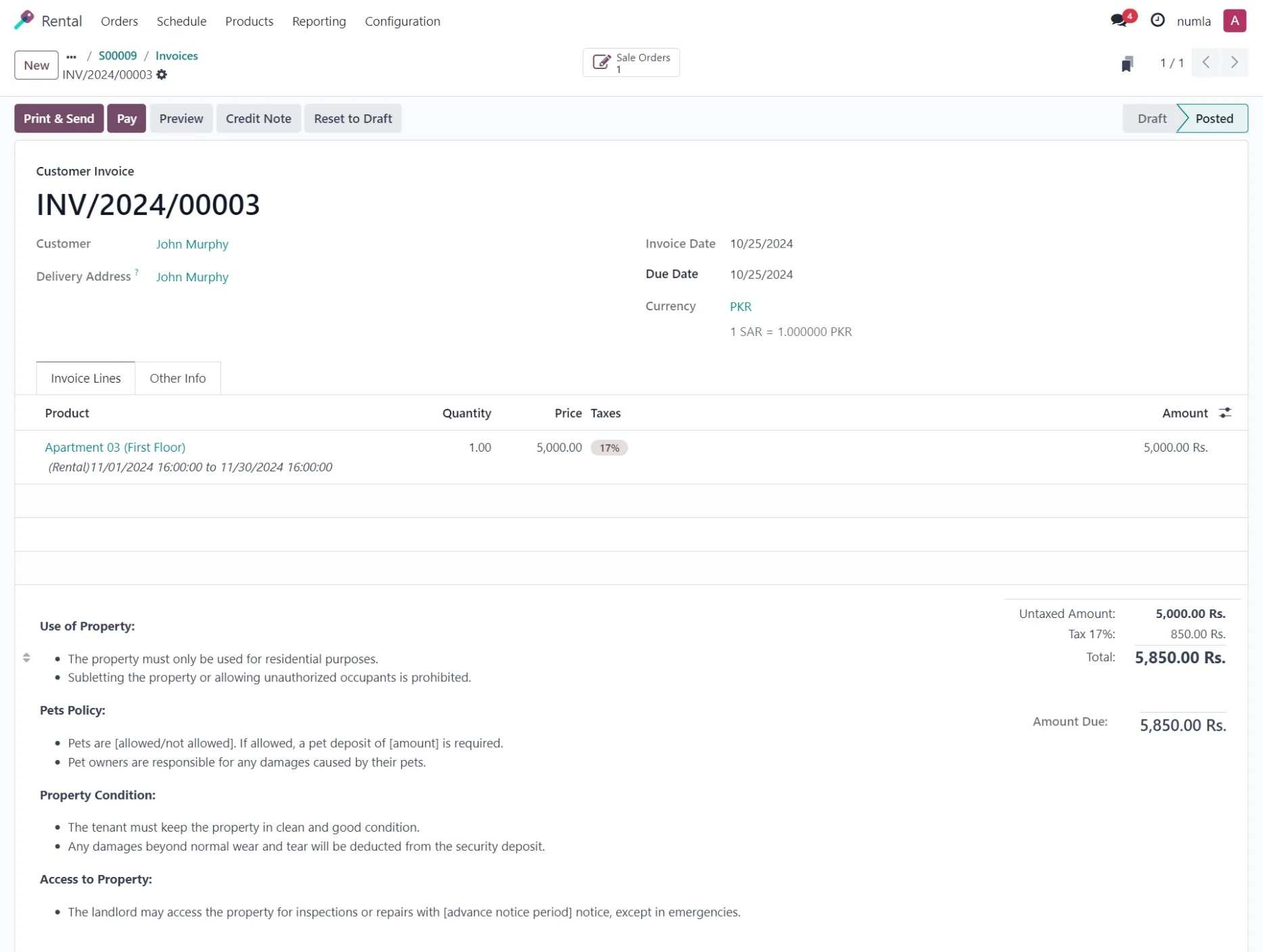 Invoice for rental Odoo rental