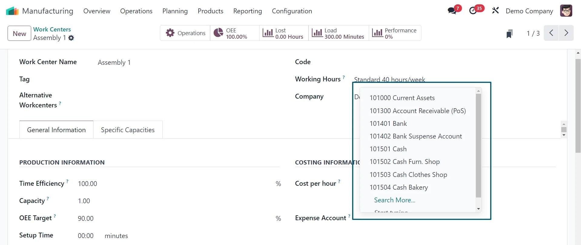 Expense Account Work Center Odoo Manufacturing