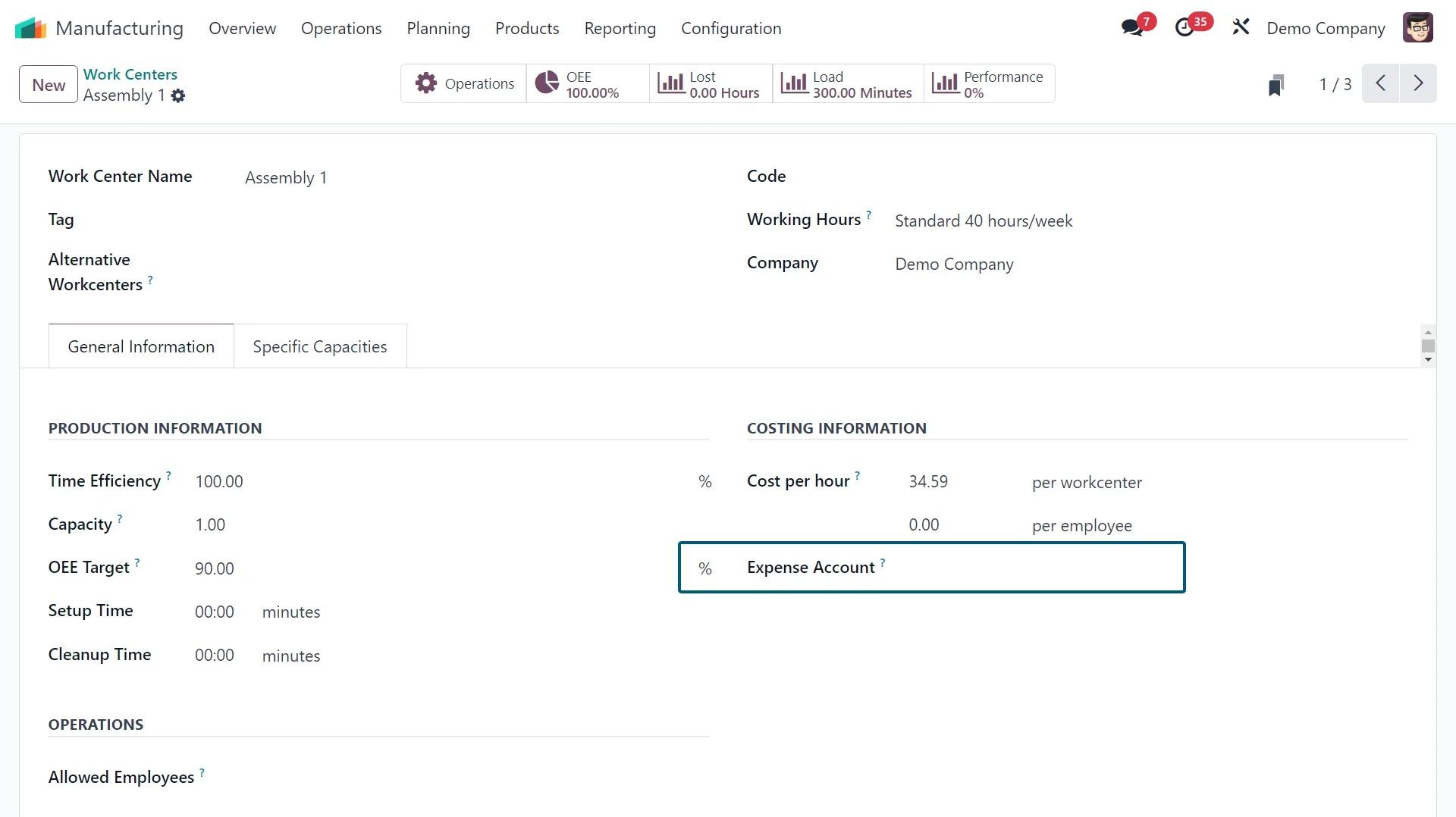 Work Center Configuration Odoo Manufacturing