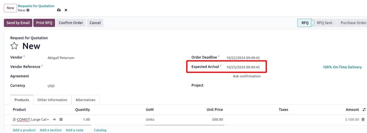 Request for Quotation Odoo Purchase