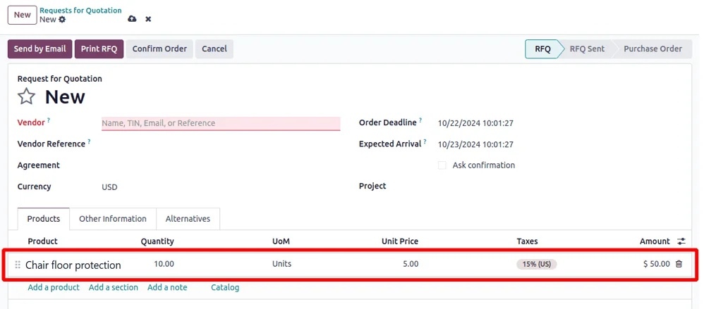 RFQ for product Odoo purchase