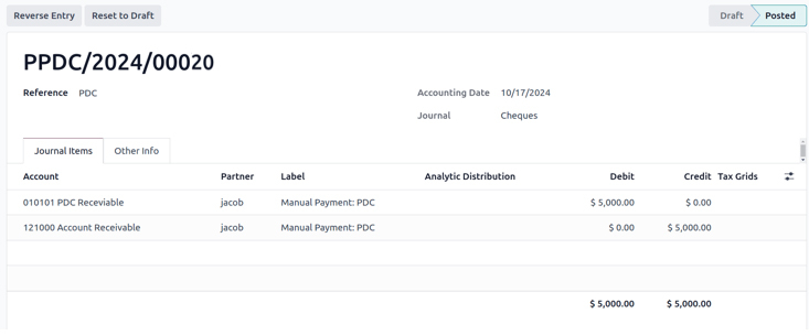 Journal Entry for payment Odoo 18