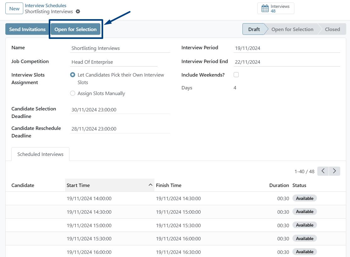 Option for candidates to select an interview slot HR software