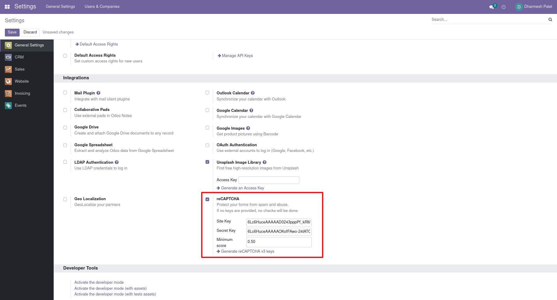 reCAPTCHA Settings in Odoo Website