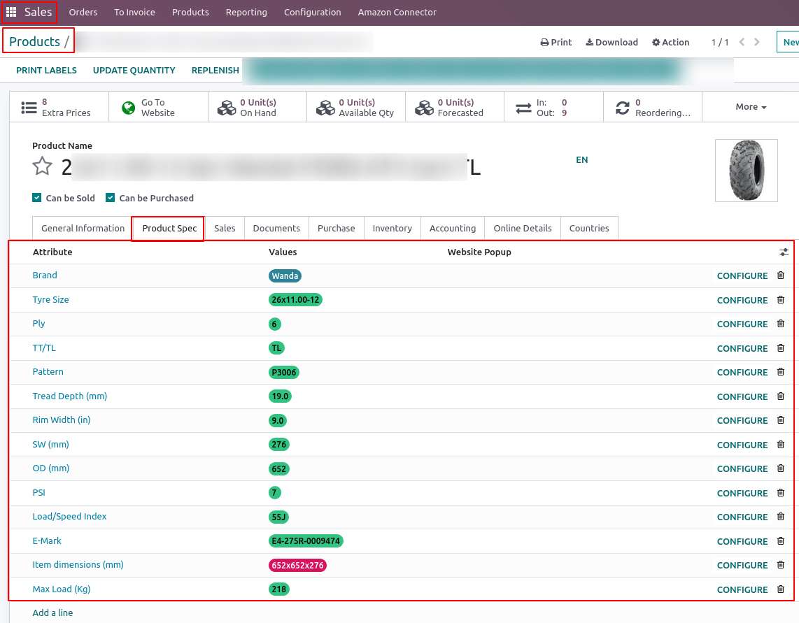 Product specifications Odoo Sales