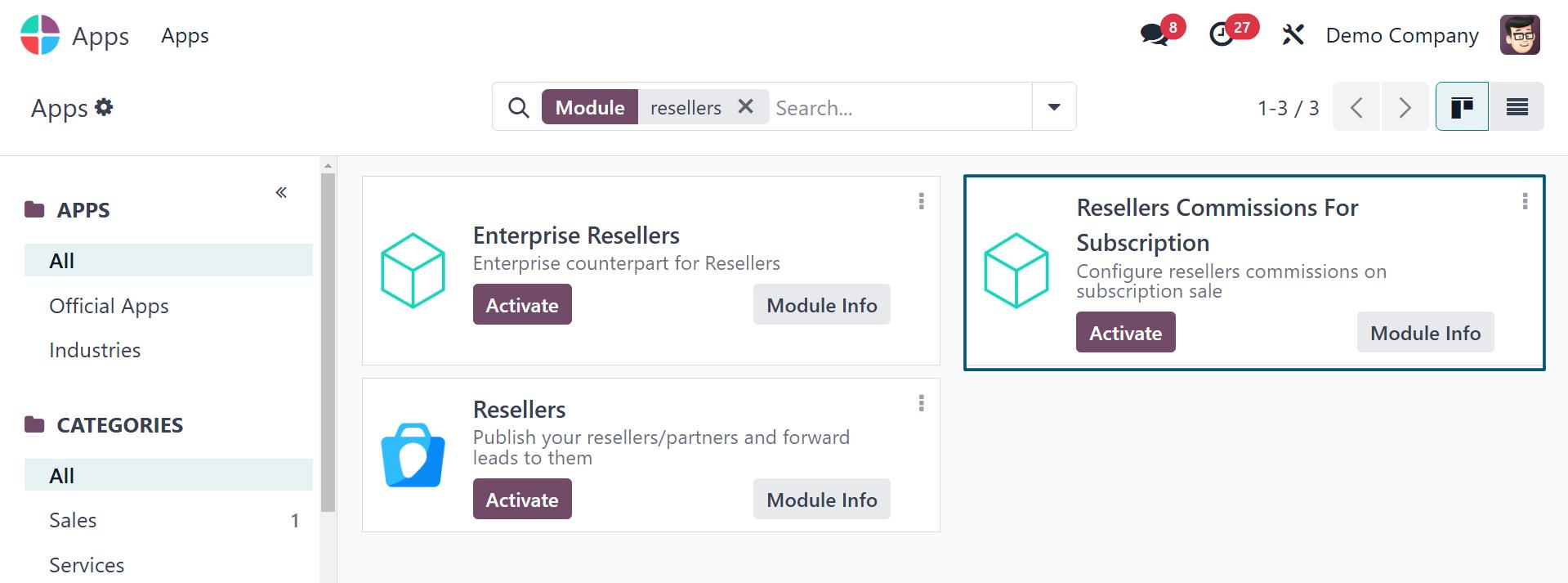 Resellers commissions for subscription module Odoo