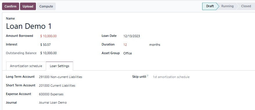 Loan settings Odoo