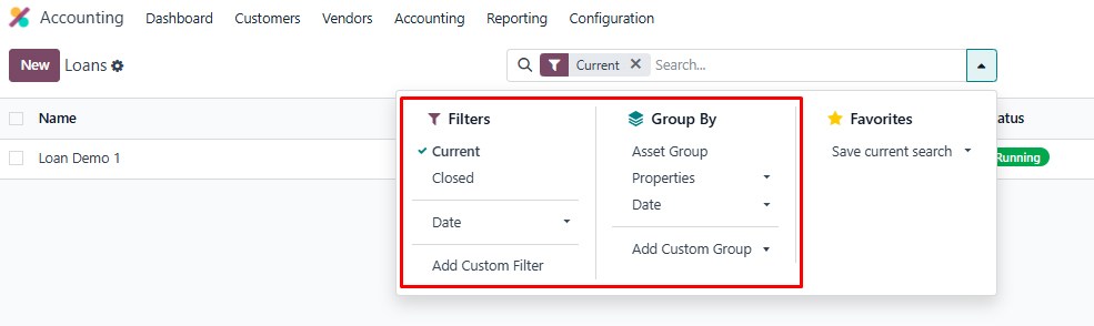 Filters and group by options Odoo