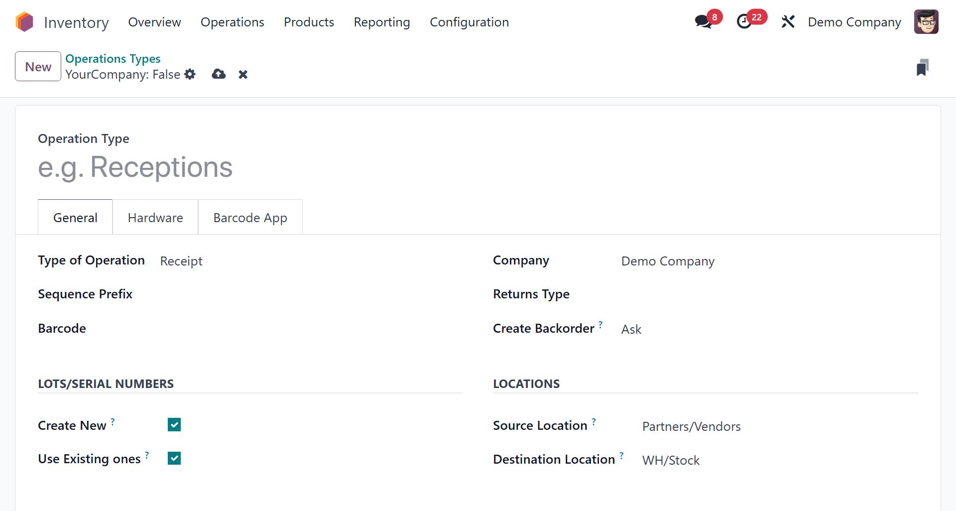 How to configure inventory operation types in Odoo