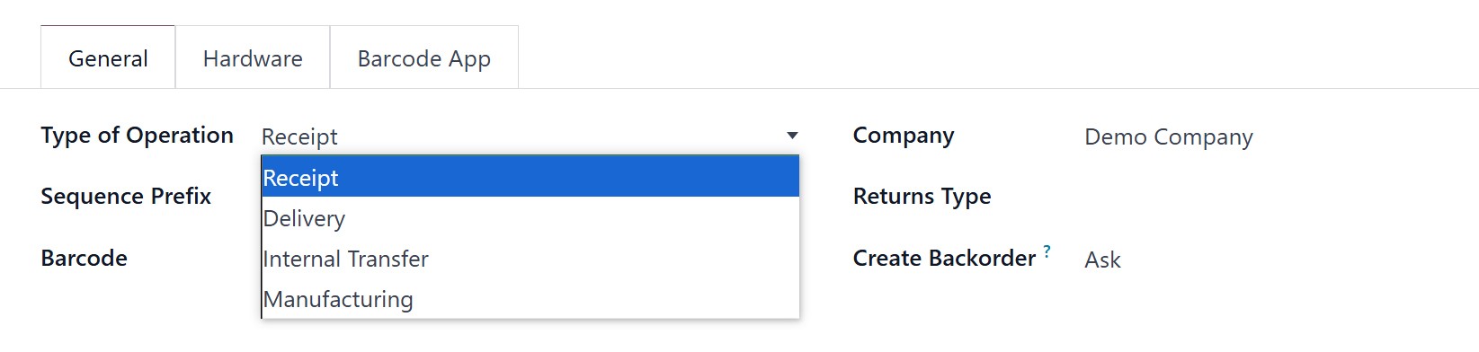Select type of operation in Odoo