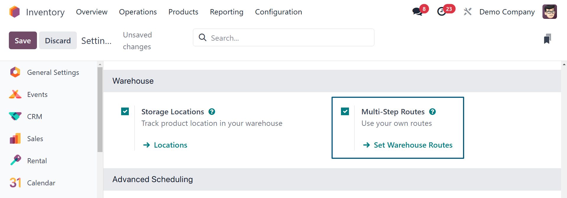 Enable multi-step routes in Odoo Inventory settings