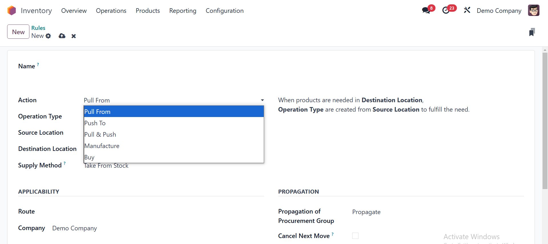 Actions when configuring rules in Odoo