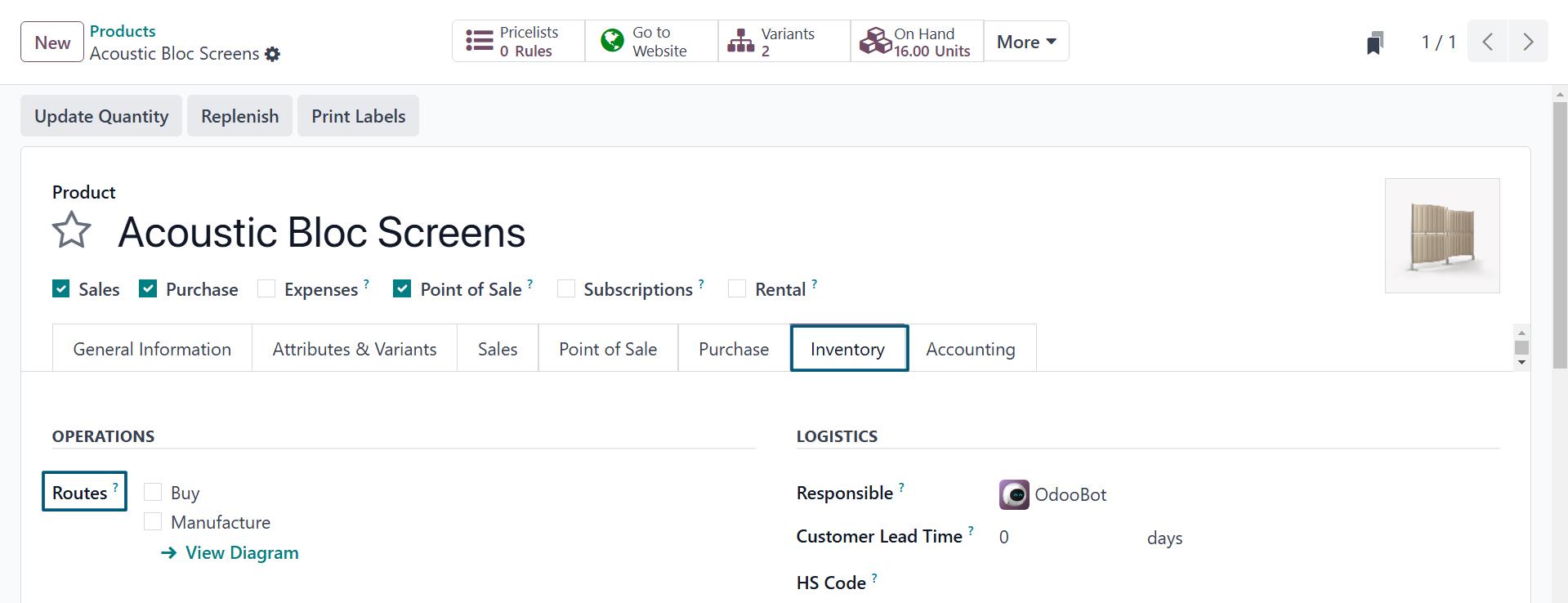 Select routes for products in Inventory tab