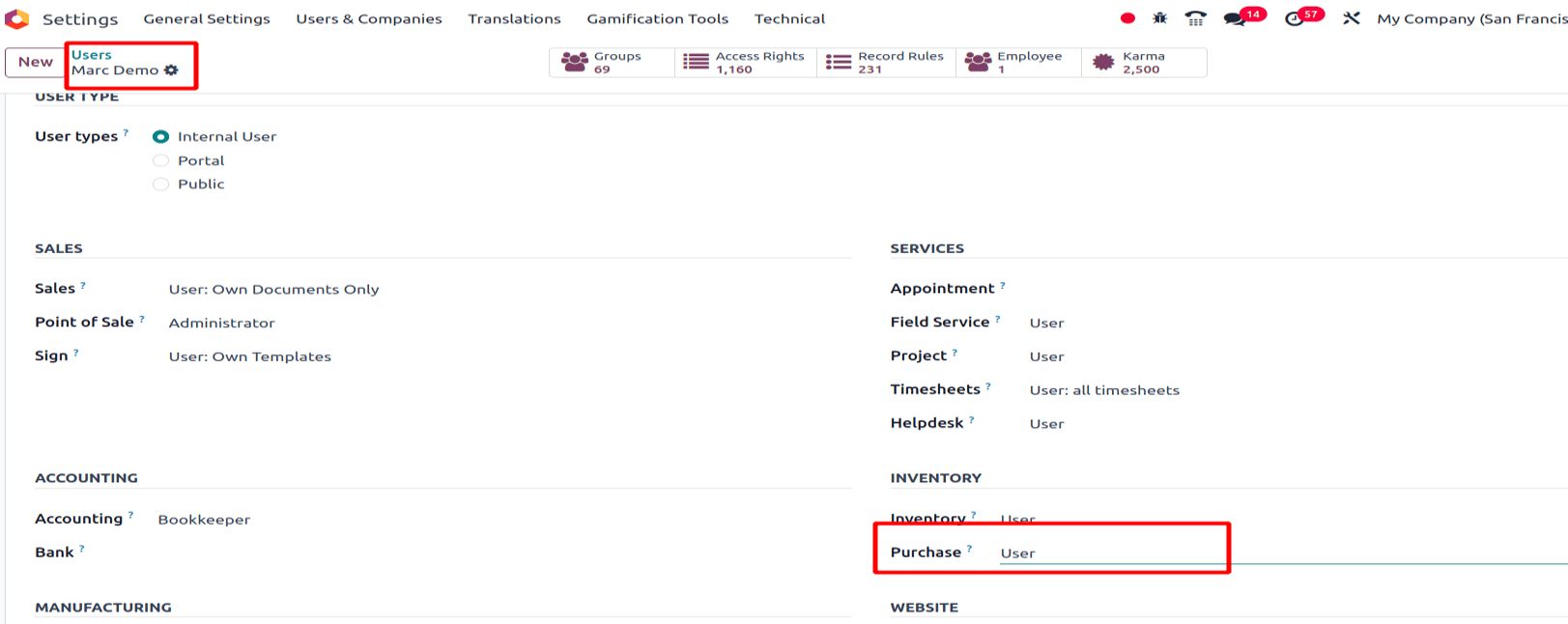 User access rights Odoo settings