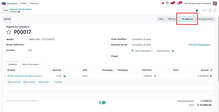 Purchase order to approve Odoo