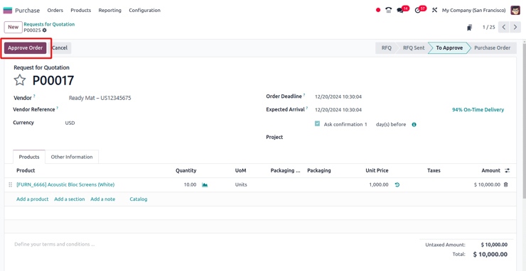 Approve purchase order Odoo