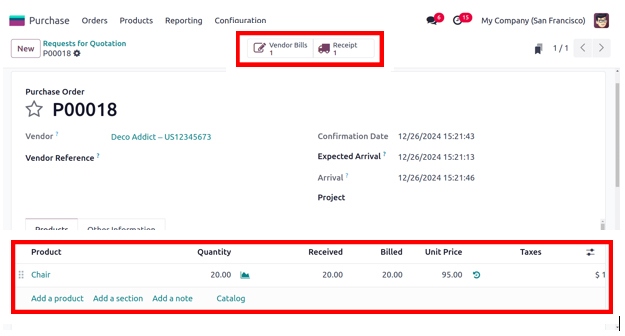 Purchase order for a product Odoo