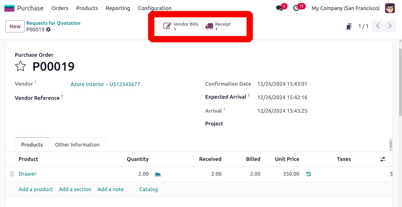 Purchase order smart buttons Odoo