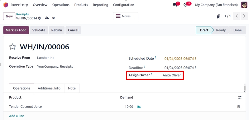 Consignment product receipt in Odoo