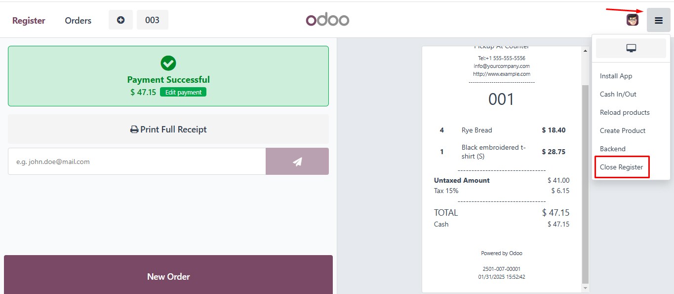 Payment receipt Odoo 18 PoS