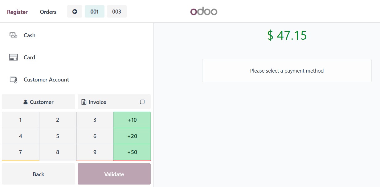 Select payment method Odoo 18 PoS