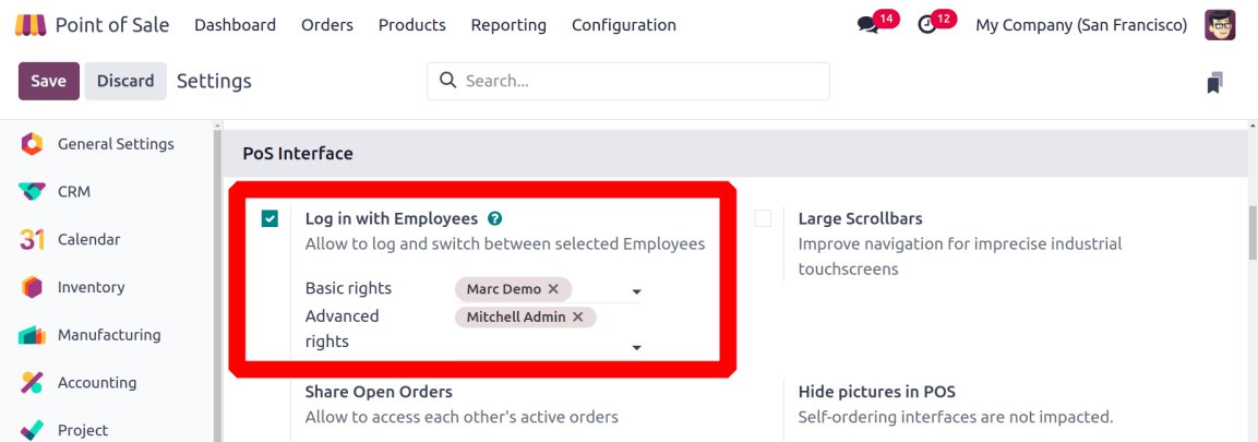 Odoo PoS Interface Settings Login with Employees option