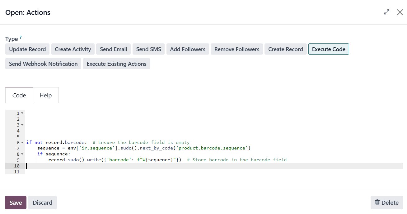 Select automation rule action type in Odoo