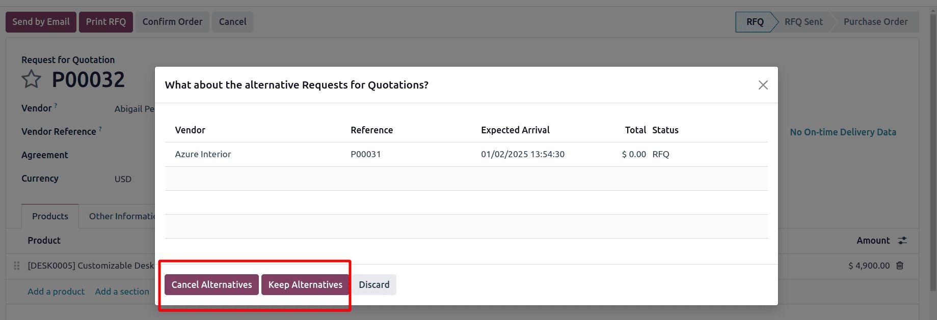 Keep Alternatives Cancel Alternatives options on purchase order in Odoo